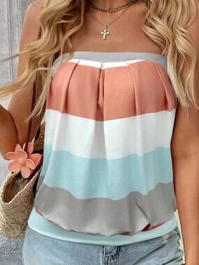 Striped Strapless Summer Top in Coral, White & Aqua
